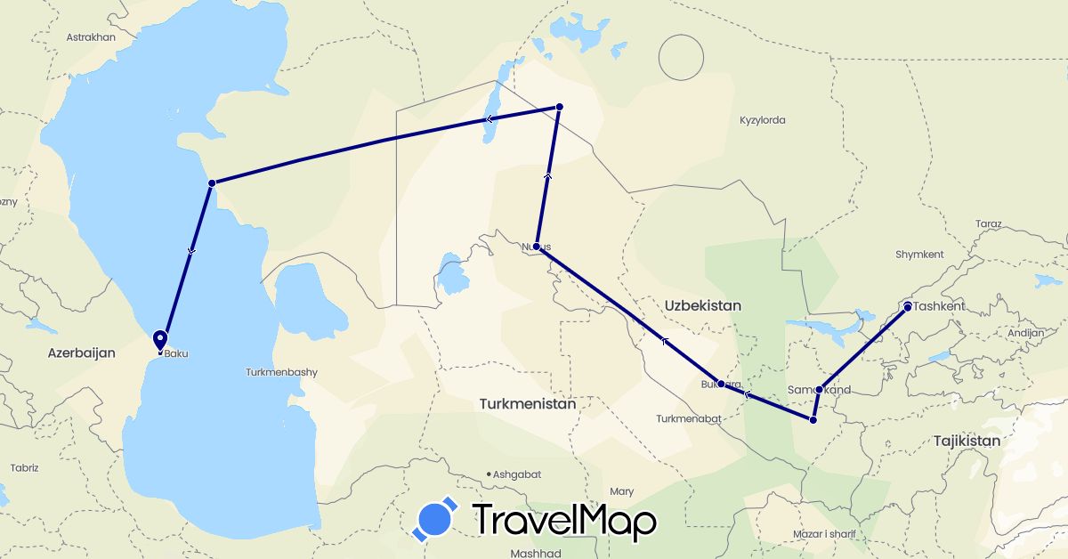 TravelMap itinerary: driving in Azerbaijan, Kazakhstan, Uzbekistan (Asia)